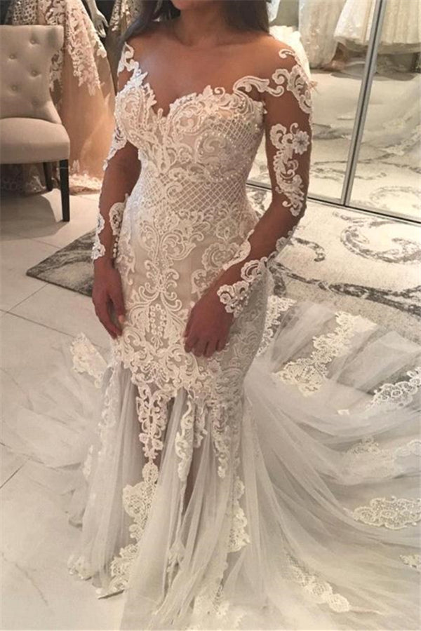 Mermaid Lace Appliques Modern Tulle Wedding Dress Long Sleeves Bride Dress With Long Train-showprettydress