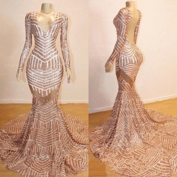 Mermaid Long Sleevess V-neck Sequined Sweep Train Prom Dresses-showprettydress