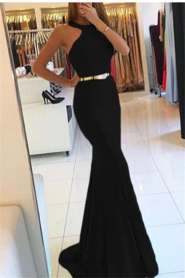 Mermaid New Arrival Halter Sleeveless Prom Dresses With Sash-showprettydress