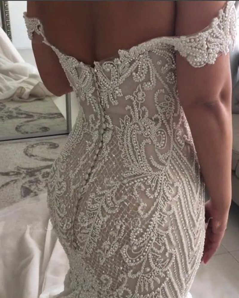 Mermaid Off-the-shoulder Floor Length Applique Beading Wedding Dress-showprettydress