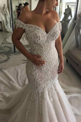 Mermaid Off-the-shoulder Floor Length Applique Beading Wedding Dress-showprettydress