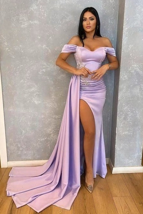 Mermaid Off-the-shoulder Sweetheart High Split Side train Floor-length Prom Dress-showprettydress