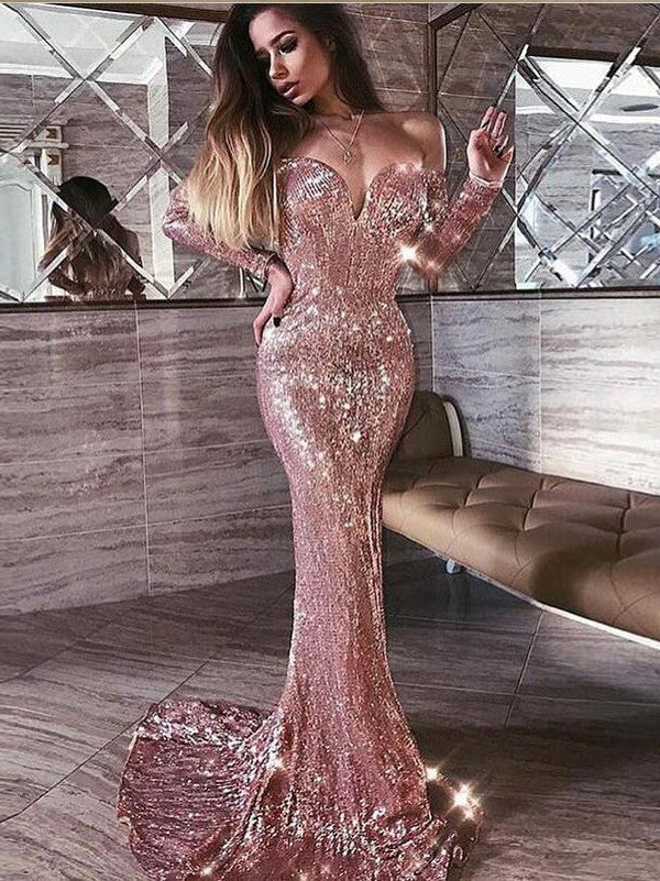 Mermaid Pink Shiny Sequined Strapless Off-the-Shoulder Long Sleevess Prom Party Gowns-showprettydress