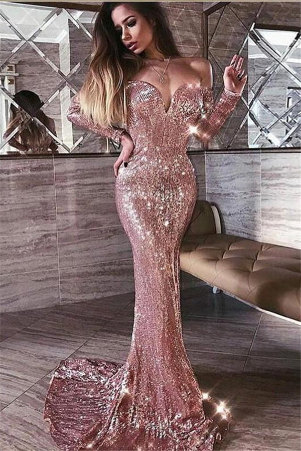 Mermaid Pink Shiny Sequined Strapless Off-the-Shoulder Long Sleevess Prom Party Gowns-showprettydress