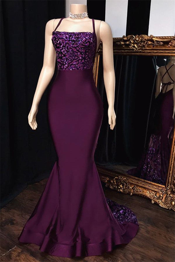 Mermaid Purple Spaghetti-Straps Appliques Sleeveless Prom Dresses-showprettydress