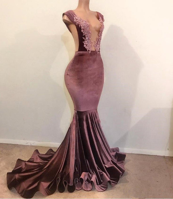 Mermaid Sleeveless Floor Length Appliques Velvet Prom Dresses-showprettydress