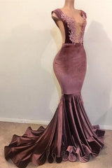 Mermaid Sleeveless Floor Length Appliques Velvet Prom Dresses-showprettydress