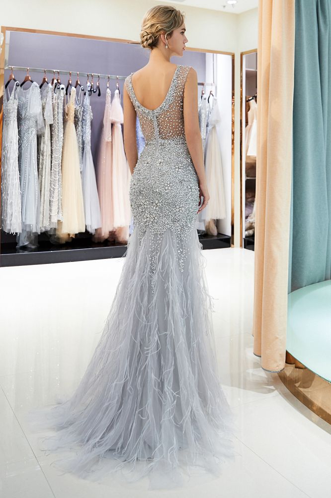 Mermaid Sleeveless Illusion Neckline Crystal Sqeuined Tulle Evening Dresses-showprettydress