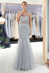 Mermaid Sleeveless Illusion Neckline Crystal Sqeuined Tulle Evening Dresses-showprettydress