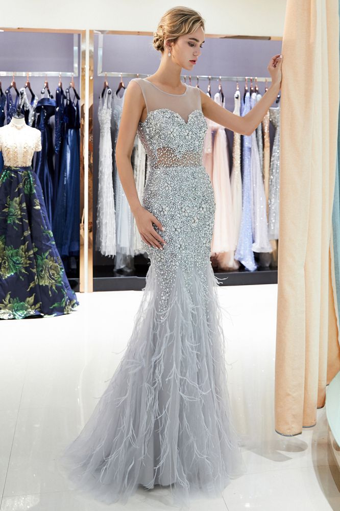 Mermaid Sleeveless Illusion Neckline Crystal Sqeuined Tulle Evening Dresses-showprettydress