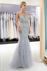 Mermaid Sleeveless Illusion Neckline Crystal Sqeuined Tulle Evening Dresses-showprettydress