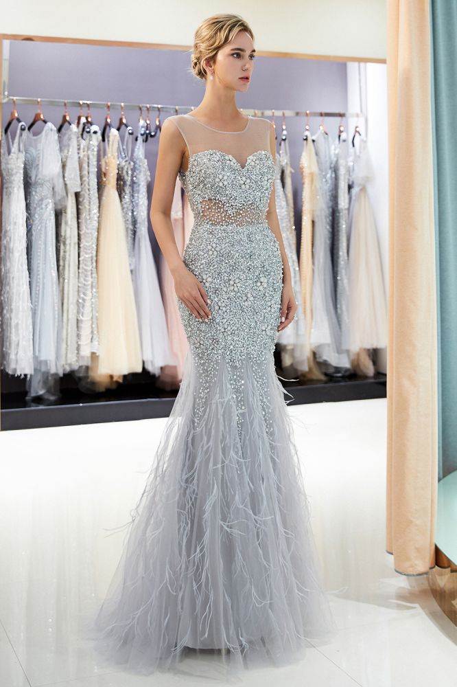 Mermaid Sleeveless Illusion Neckline Crystal Sqeuined Tulle Evening Dresses-showprettydress