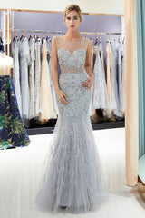 Mermaid Sleeveless Illusion Neckline Crystal Sqeuined Tulle Evening Dresses-showprettydress