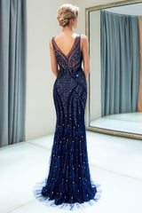 Mermaid Sleeveless V-neck Sequins Pattern Long Evening Gowns-showprettydress