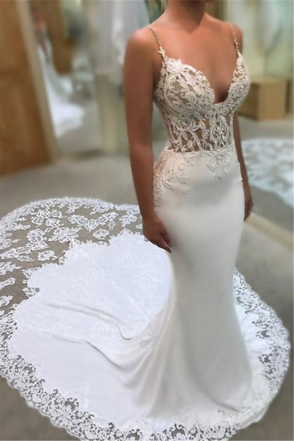 Mermaid Spaghetti Sleeveless Appliqued Lace Court Train Wedding Dresses-showprettydress