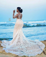 Mermaid Strapless Chapel Train Long Sleeves Tulle Lace Beading Wedding Dress-showprettydress