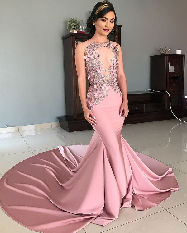 Mermaid Strapless Jewel Appliques Chic Prom Dresses Gorgeous Long Evening Dresses With Chapel Train-showprettydress