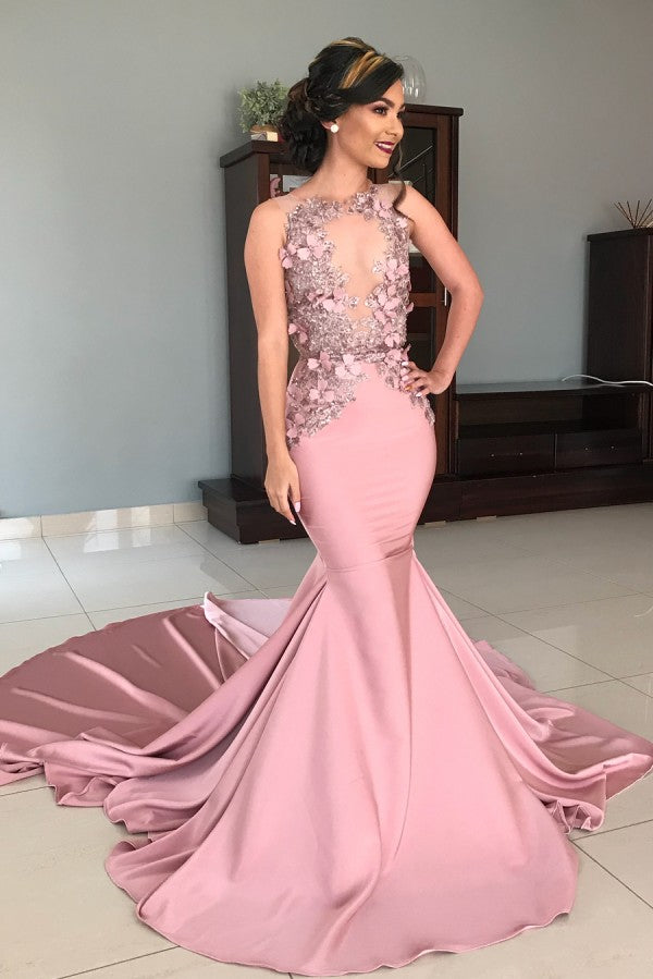 Mermaid Strapless Jewel Appliques Chic Prom Dresses Gorgeous Long Evening Dresses With Chapel Train-showprettydress