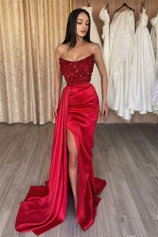 Mermaid Strapless Sequined High Split Floor-length Sleeveless Prom Dress-showprettydress