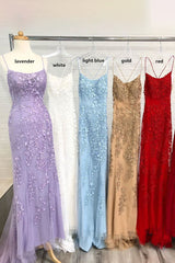 Mermaid Strapless Spaghetti Strap Floor Length Tulle Backless Applique Prom Dress-showprettydress