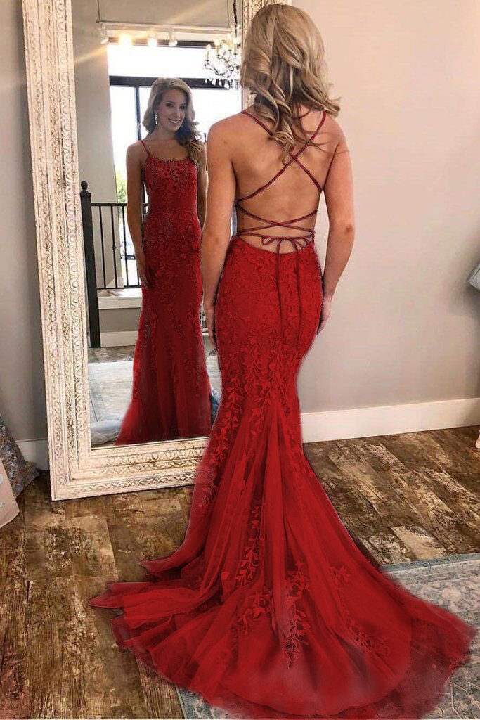 Mermaid Strapless Spaghetti Strap Floor Length Tulle Backless Applique Prom Dress-showprettydress