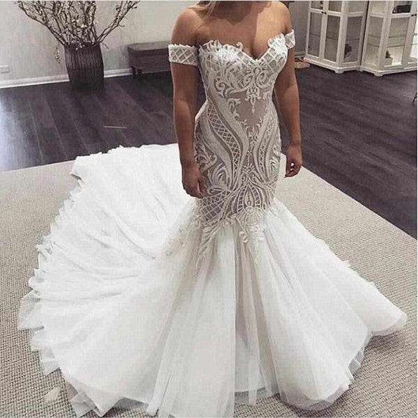 Mermaid Sweetheart Long Train Tulle Applique Wedding Dress-showprettydress