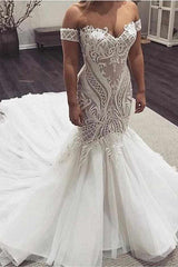 Mermaid Sweetheart Long Train Tulle Applique Wedding Dress-showprettydress