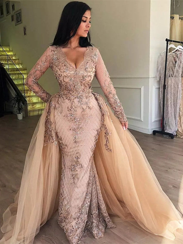 Mermaid V-neck Long Sleeve Floor Length Tulle Embriodery Prom Dress-showprettydress