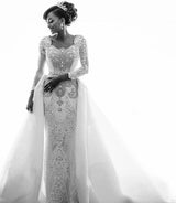 Mermaid Wedding Dresses with Trendy Overskirt Beads Lace Appliques Long Sleeves Bridal Gowns-showprettydress