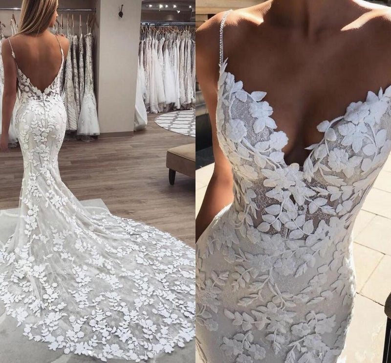 Modern Applique Spaghetti Strap Wedding Dresses Backless Sleeveless-showprettydress