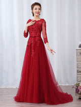 Modern Burgundy Evening Dresses Long Sleeve Lace Applique Beaded Formal Gown With Train-showprettydress