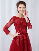 Modern Burgundy Evening Dresses Long Sleeve Lace Applique Beaded Formal Gown With Train-showprettydress