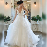 Modern Deep V neck Sleeveless White Tulle Wedding Dresses with Ruffless-showprettydress