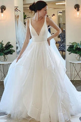 Modern Deep V neck Sleeveless White Tulle Wedding Dresses with Ruffless-showprettydress