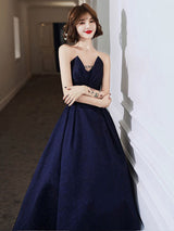 Modern Evening Dress A-Line Strapless Satin Fabric Floor-Length Pleated Social Party Dresses-showprettydress