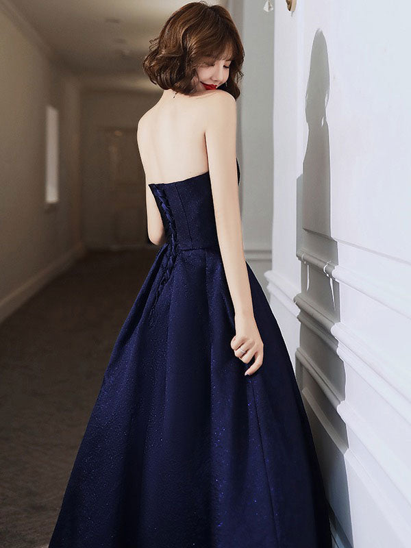 Modern Evening Dress A-Line Strapless Satin Fabric Floor-Length Pleated Social Party Dresses-showprettydress