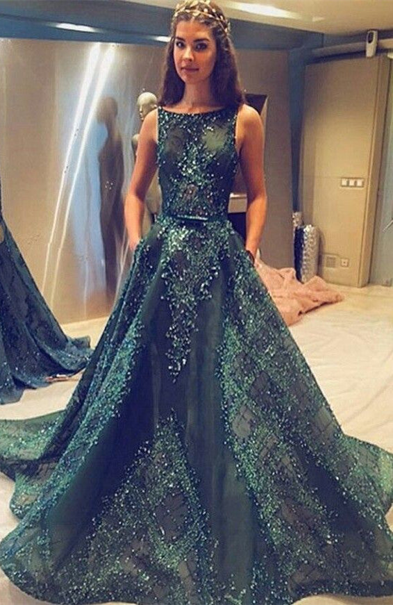 Modern Jewel A-line Beading Sleeveless Sweep Train Prom Party Gowns-showprettydress