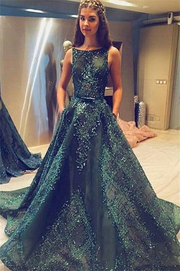 Modern Jewel A-line Beading Sleeveless Sweep Train Prom Party Gowns-showprettydress