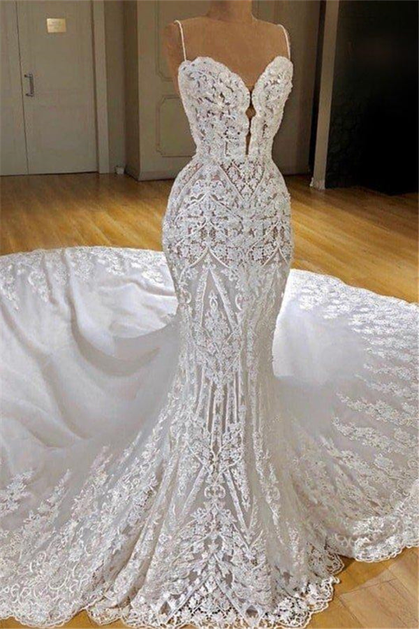 Modern Lace Mermaid Wedding Dresses Spaghetti Straps Appliques Bridal Gowns-showprettydress