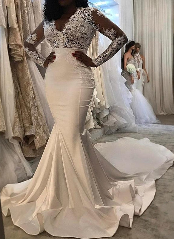 Modern Lace Trumpet/ Mermaid Wedding Dresses White Chic Wedding Dress-showprettydress