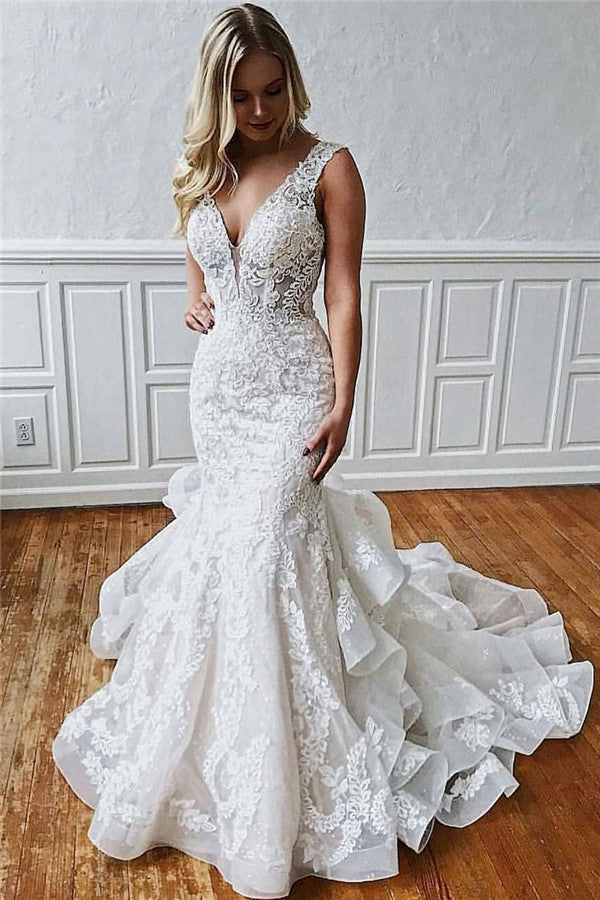 Modern Lace V Neck Mermaid Wedding Dresses Sleeveles With Ruffles-showprettydress