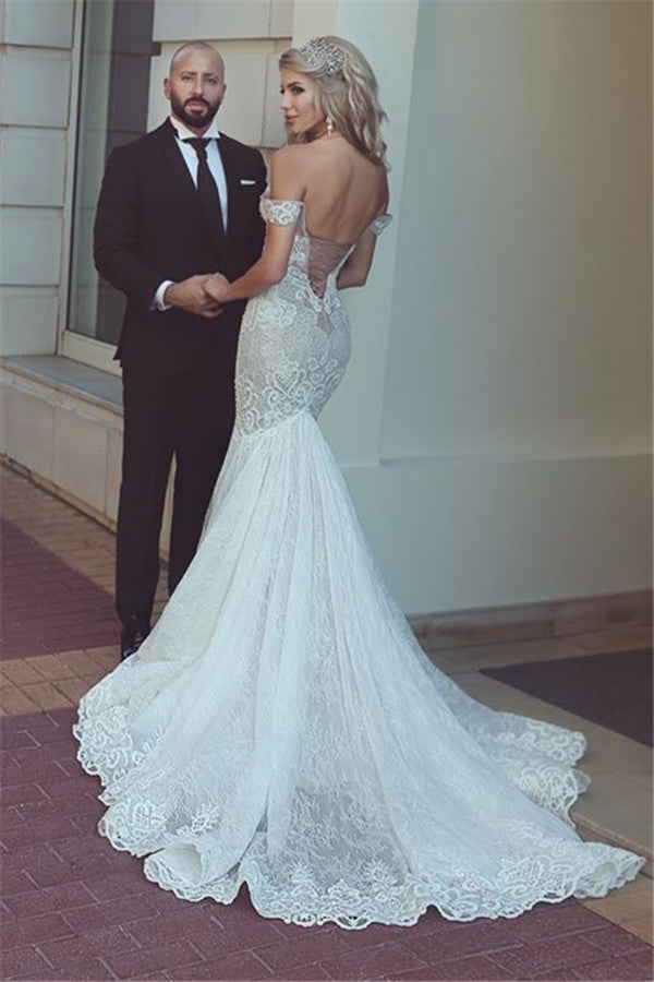 Modern Mermaid Lace Off the Shoulder Wedding Dresses Open Back Bridal Gowns-showprettydress