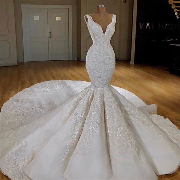 Modern Mermaid Lace Wedding Dresses Online Straps Luxurious Bridal Gowns with Long Train-showprettydress