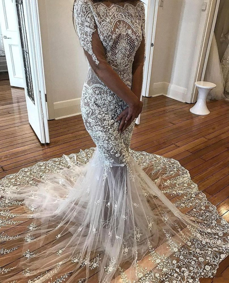 Modern Mermaid Long Sleeves Lace Wedding Dress Modern Flowers See Through Tulle Bride Dress-showprettydress