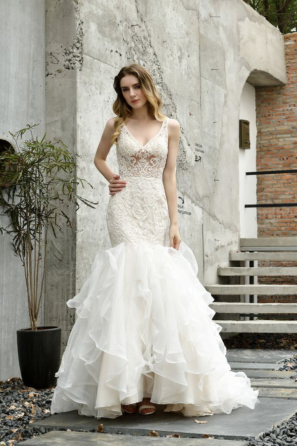 Modern See through Lace Mermaid Lace Sleeveless Ivory Wedding Dress with Ruffles Train-showprettydress