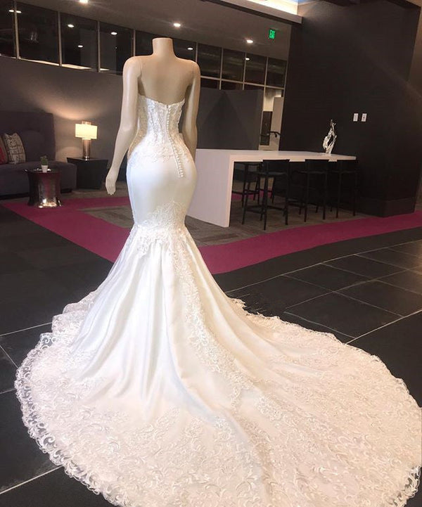 Modern Strapless Lace Appliques Mermaid Wedding Bridal Gowns New Arrival-showprettydress