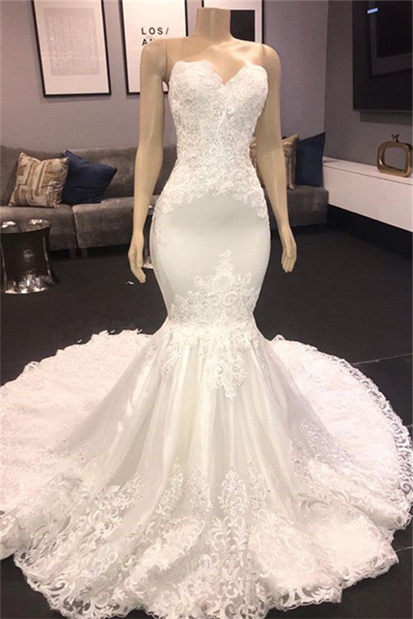 Modern Strapless Lace Appliques Mermaid Wedding Bridal Gowns New Arrival-showprettydress