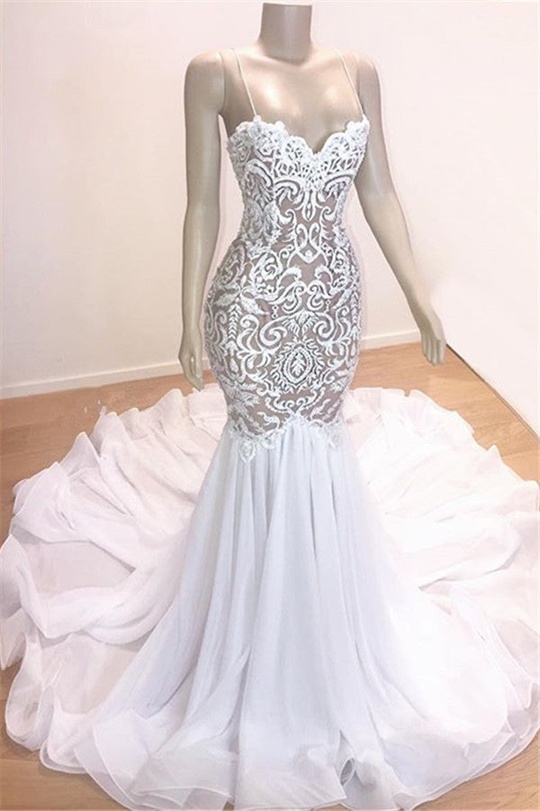 Modern Straps Mermaid Appliques Wedding Dresses Ruffless Bridal Gown-showprettydress