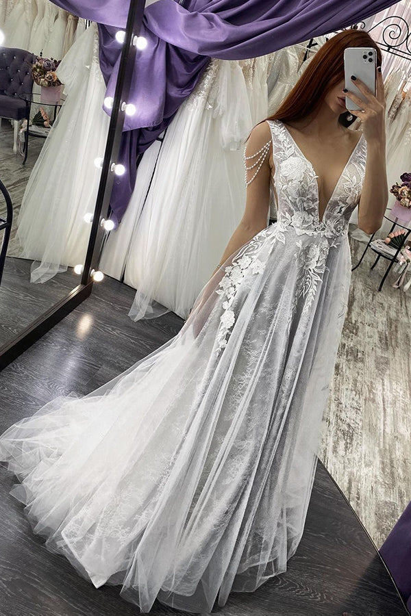 Modern V Neck Sleeveless Aline Wedding Dress Floral Lace Bridal Dress-showprettydress