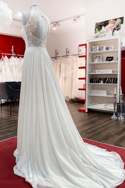 Modest Long A-line Chiffon Jewel Appliques Open Back Wedding Dress-showprettydress